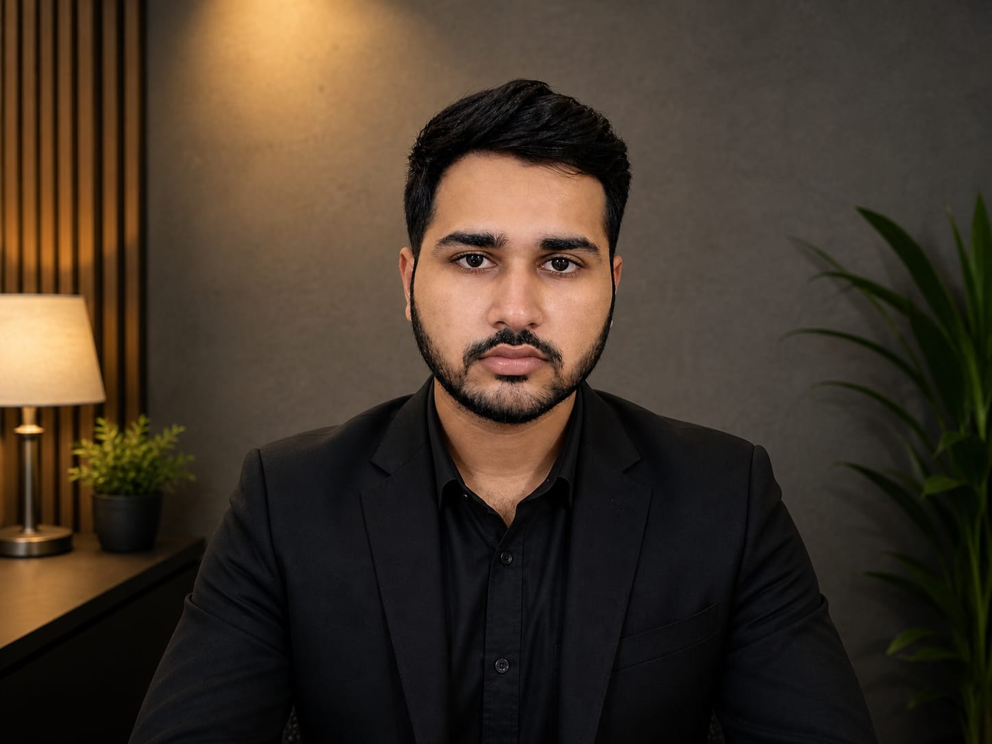 Devang Patel, Full-Stack Web Developer, photographed against a dark studio wall